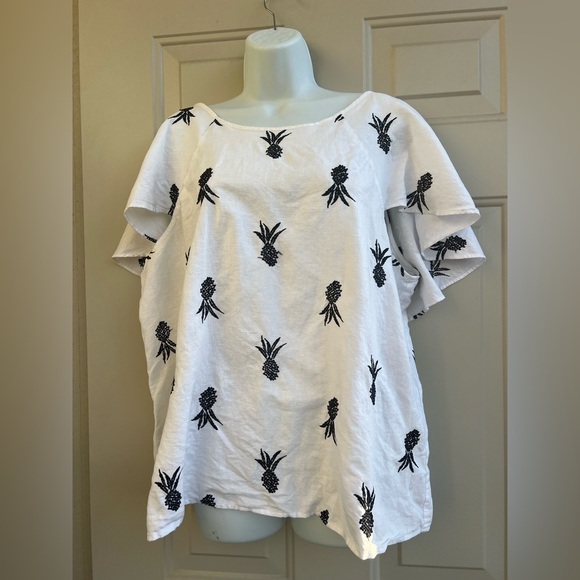 Ann Taylor White Flutter Sleeve Black Embroidered Blouse Linen Blend Size XXL - Picture 8 of 11